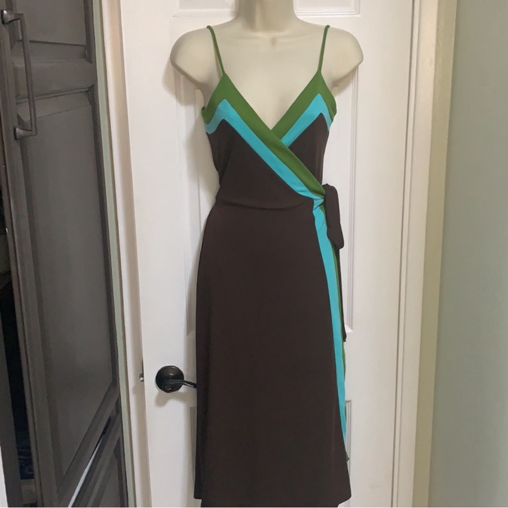 Isaac Mizrahi Brown Aqua Green Wrap Dress Size XS